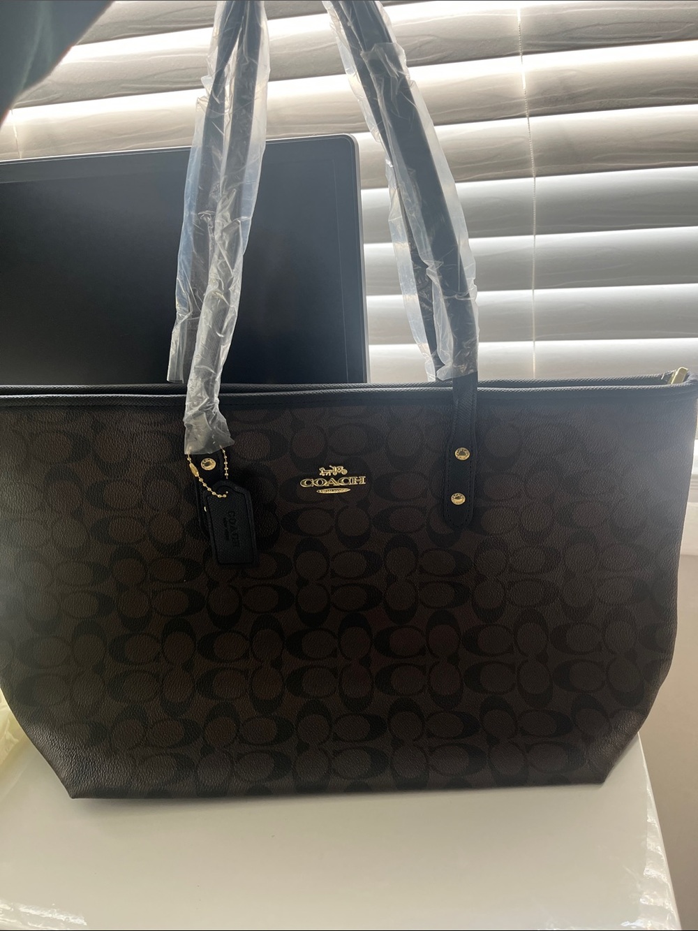 Coach Dark Brown Signature Logo Tote with Gold Hardware
